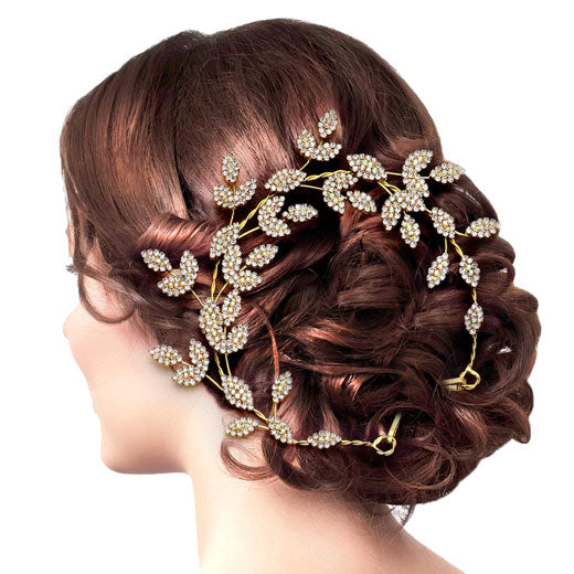 Rhinestone Embellished Leaf Cluster Vine Bun Wrap Headpiece