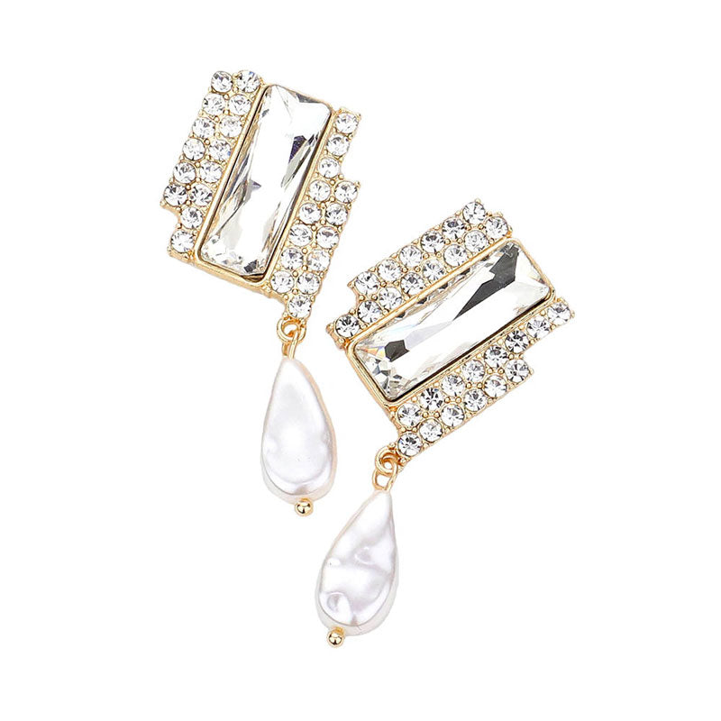 Rectangle Stone Freshwater Pearl Dangle Evening Earrings