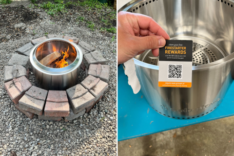 2 images side-by-side showing Solo Stove’s products. The first image is a bird’s eye view of the silver, metal stove with a small fire inside, surrounded by a fire pit made of bricks. The second image is a close-up shot of someone holding the tag attached to the product. The tag has a QR code with explainer text: Claim your free Firestarter Rewards. Scan the QR code to earn 100 points towards free gear. Create your account at solostove.com/#smile-home.