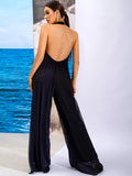 Mojoyce Sexy Black Sleeveless Halter Lace Transparent Straight Spring Beach Jumpsuit LM98163
