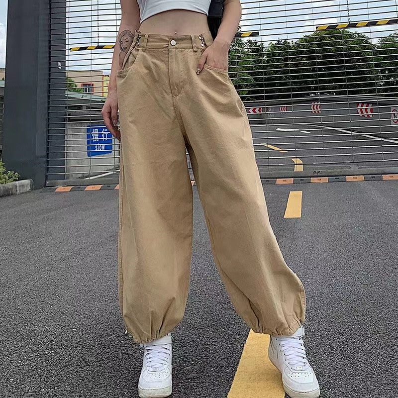 Mojoyce Khaki Oversized Cargo Baggy Pants Y2K Hip Hop Style Loosed  Adjustable Waist Drawstring Long Pant Streetwear 90S Style Clothes