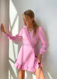 Mojoyce Casual V Neck Bandage Ruffles Sweet Dress Summer Fashion Long Sleeve High Waist A Line Mini Dresses For Women 2022