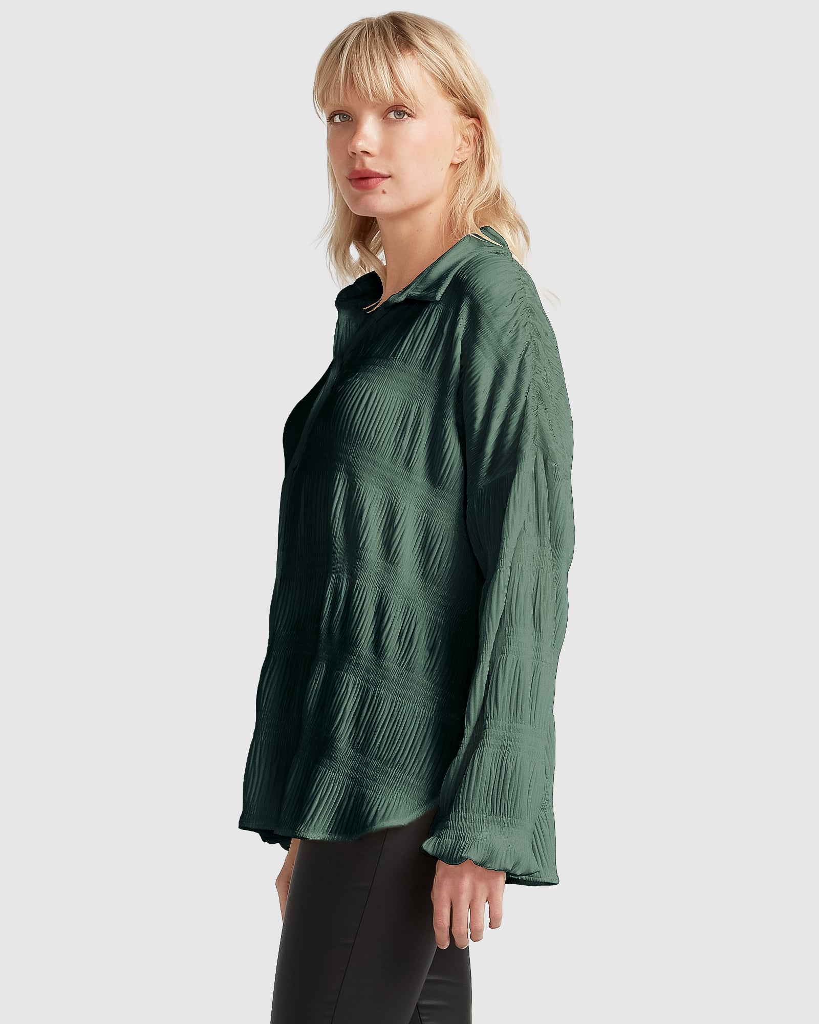 Serenade Velvet Plisse Shirt - Dark Teal