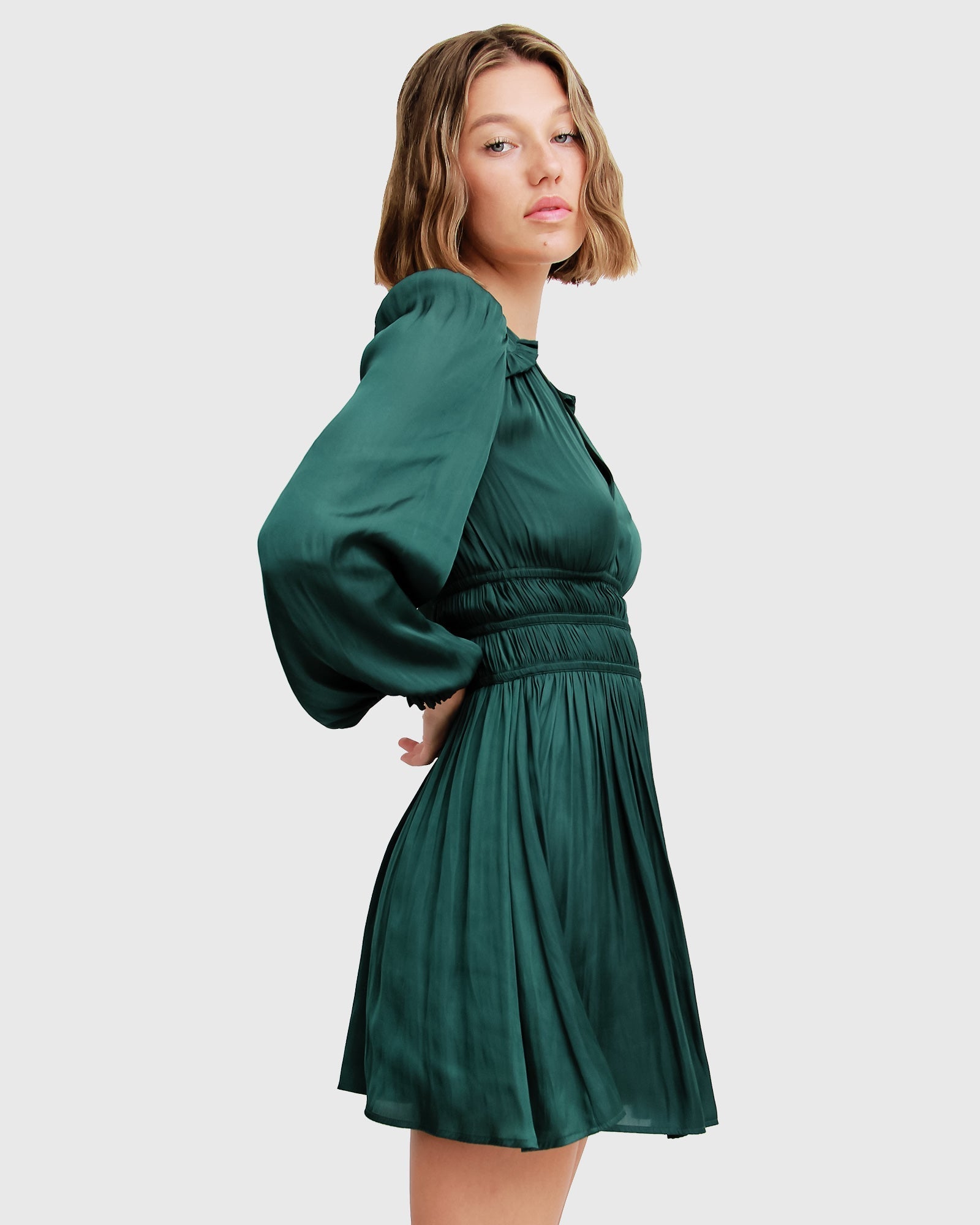 Shine Bright Ruched Mini Dress - Dark Green