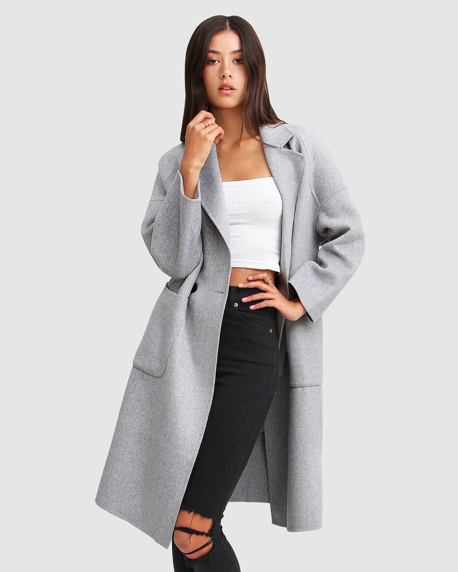 Relaxed wool blend robe coat with belt · Black · Coats And Jackets