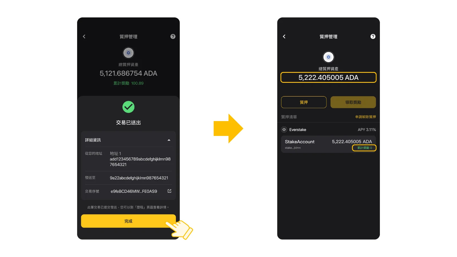 成功領取獎勵後,可以看到累積獎勵的數量歸零,同時領出的獎勵會發送至同一個委託地址。
