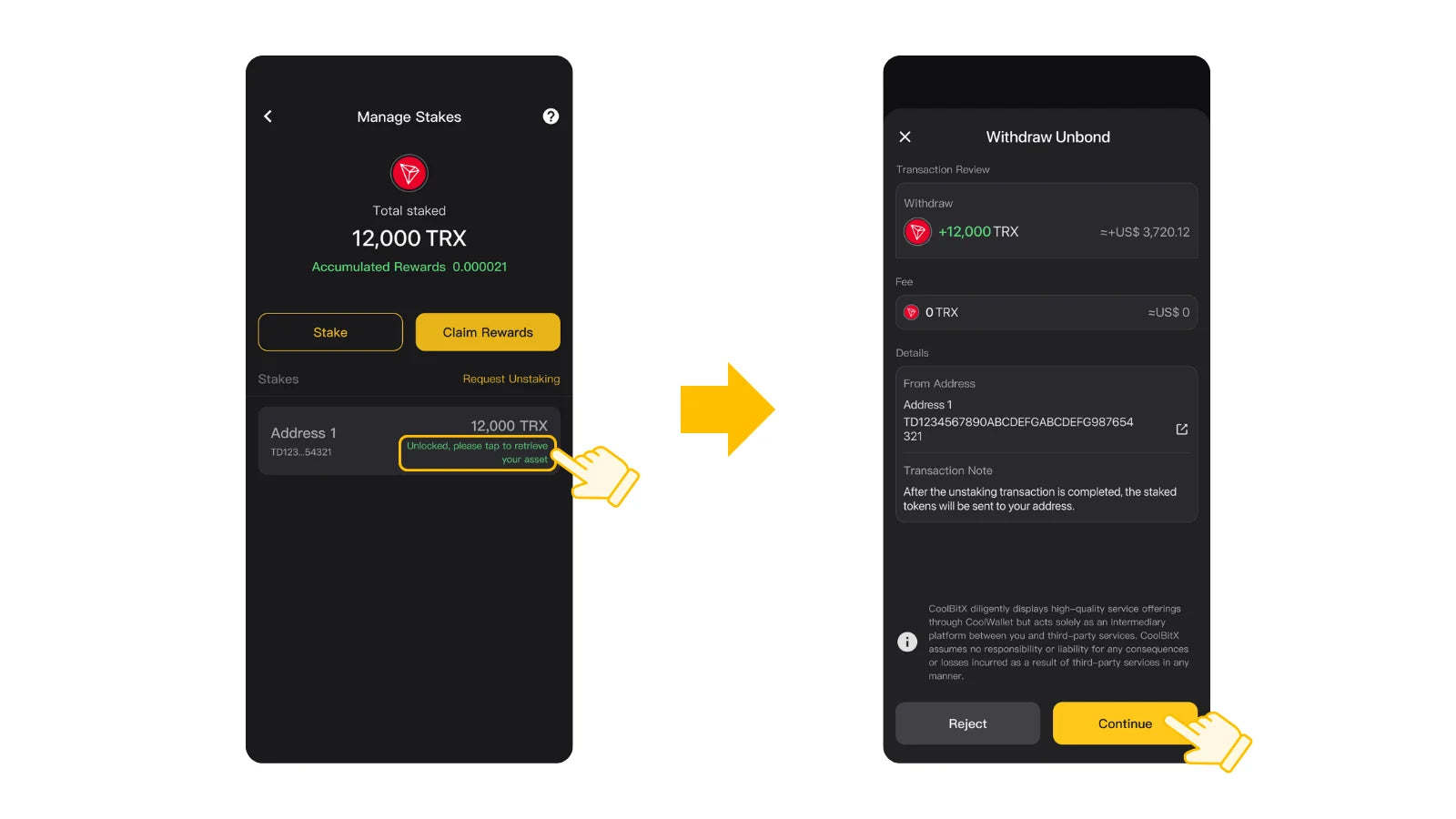 Once the waiting period ends, the staking status will update to “Unlocked, please tap to retrieve your asset”, tap here to retrieve assets.