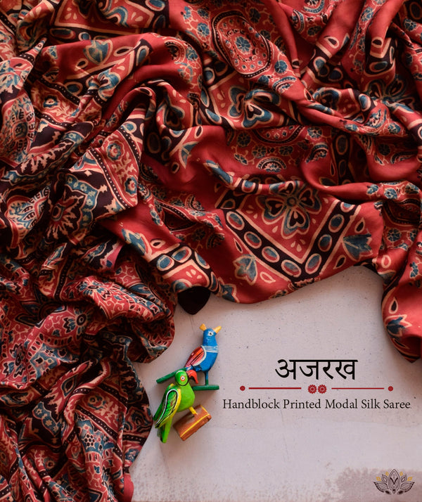 Buy authentic Ajrakh modal silk handblock printed saree online