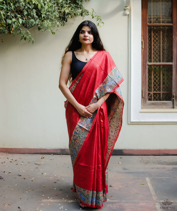 Buy Designed By VMI~ Handloom Pure Tussar Silk Saree With Beautiful  Madhubani Print~ Red - Very Much Indian – verymuchindian.com