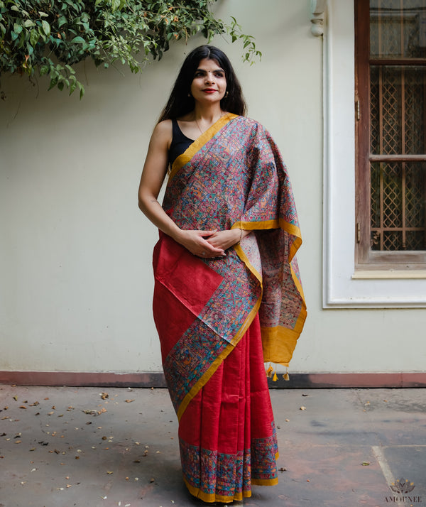 Beige & Black Handloom Ghicha Tussar Silk Saree With Madhubani Painted –  Balaram Saha