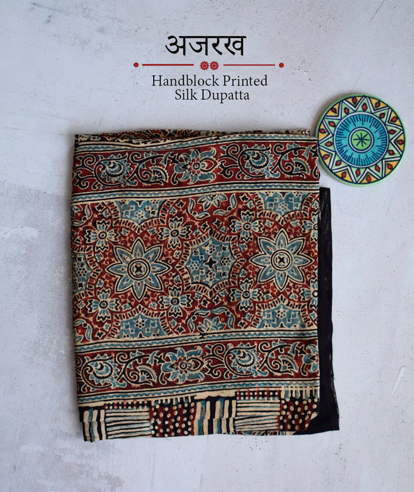 Modal Silk handblock Printed Ajrakh Dupatta Dupatta Bazaar