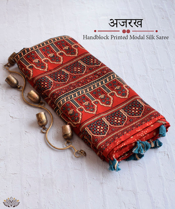 Buy authentic Ajrakh modal silk handblock printed saree online