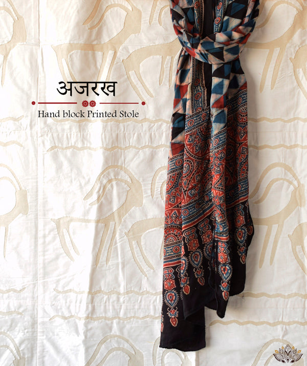Ajrakh Print Modal Silk Stole From Bengal - Grey - ArtisanSoul
