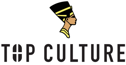 Logo van het kledingmerk TOP CULTURE. Nefertiti de oud Egyptische koningin boven de merknaam