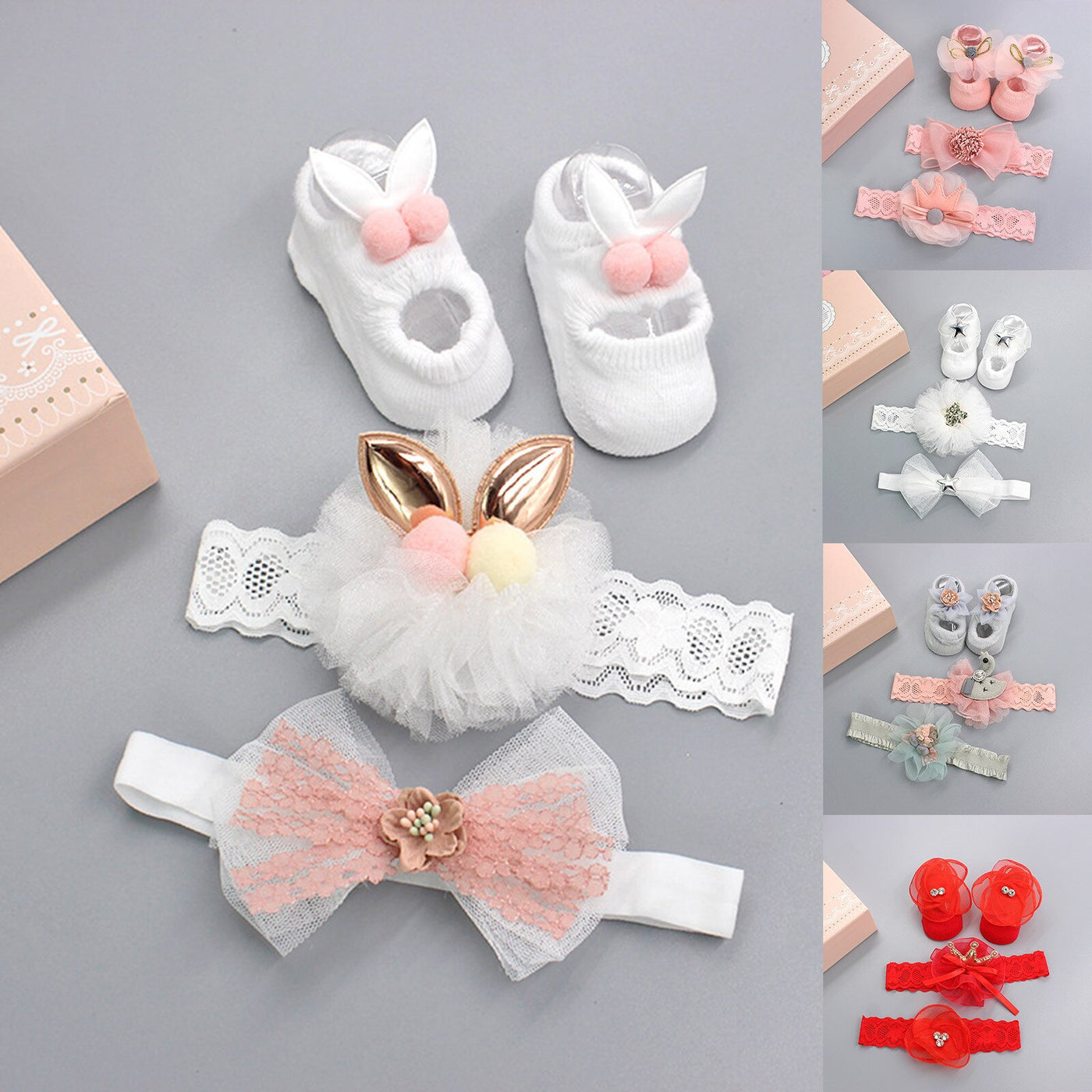 3pcs Baby Girls Socks Headband Set Lace Bow Newborn Girls Head Bands Crown Infant Baby Turban Short Socks Hair Accessories 0-24M