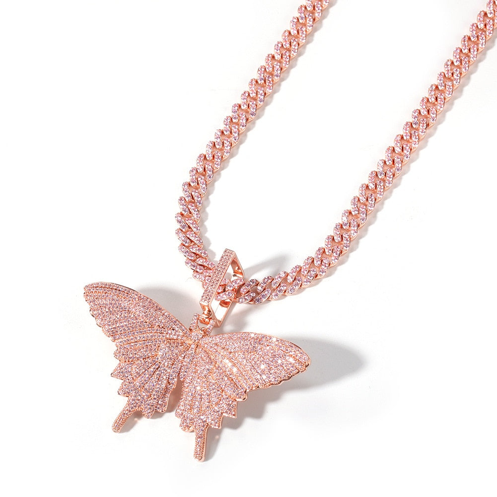 Men's- Iced Out -Big Pink Butterfly -Pendant -Cubic Zirconia- Necklace- Hip Hop Jewelry- Charm W