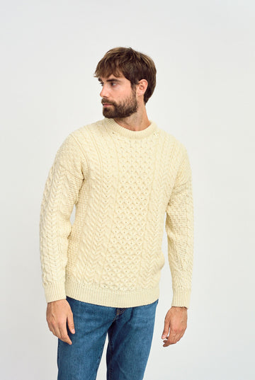 Men's Worsted Wool Crew Neck Sweater by Aran Mills - Cream Charcoal / Small