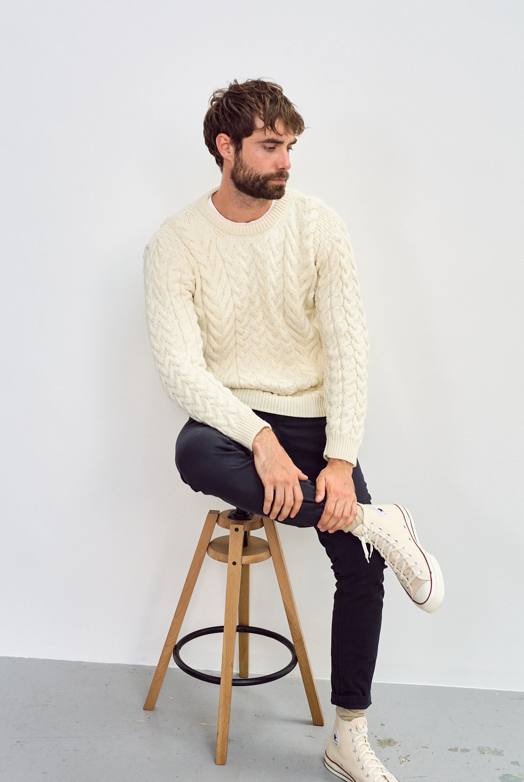 Omey Mens Aran Crew Neck Sweater - Cream | Aran Woollen Mills