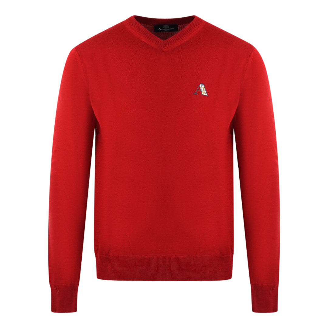 Aquascutum Check A Logo Red V Neck Jumper XKX LONDON