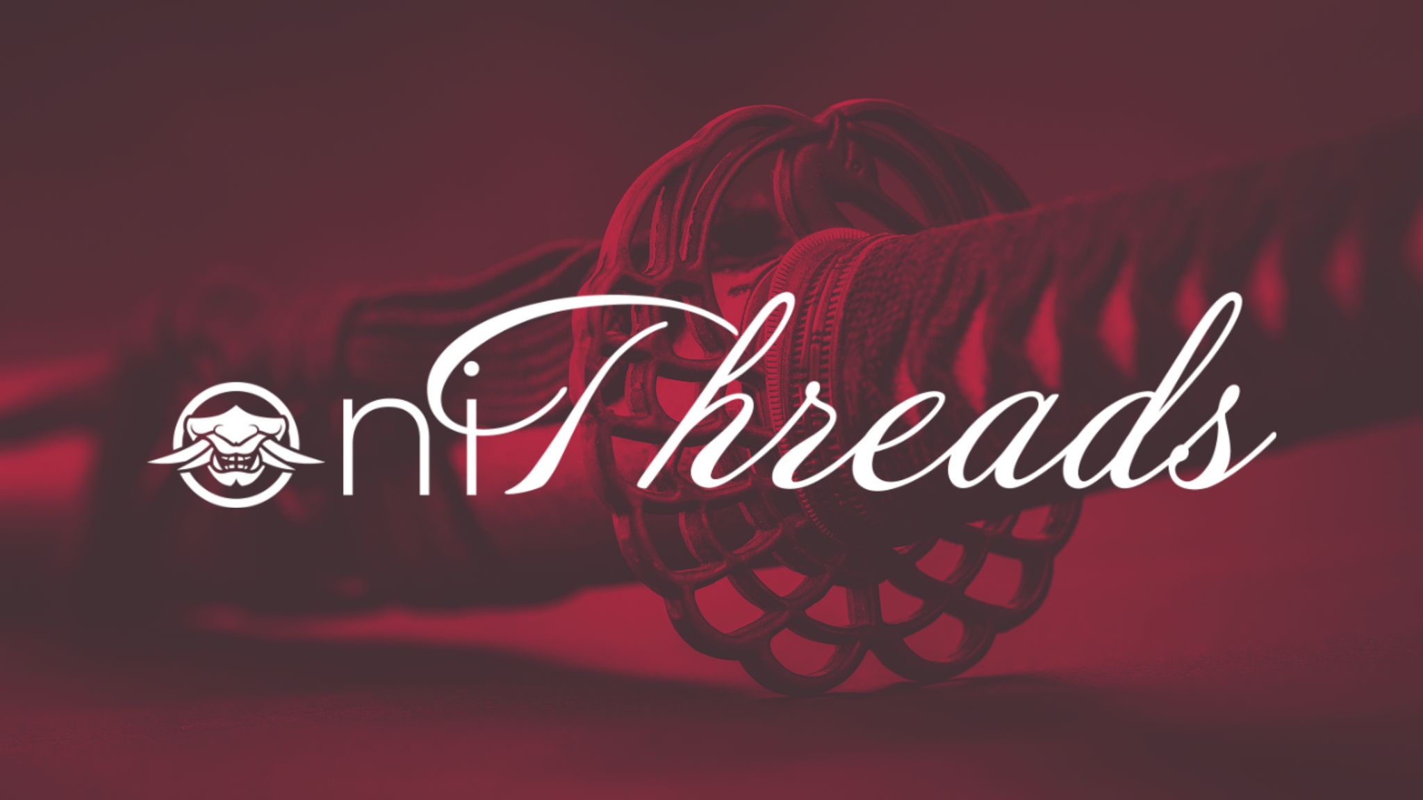 Oni Threads logo on a red overlay photo of Katana traditional Japanese sword with soft blur.