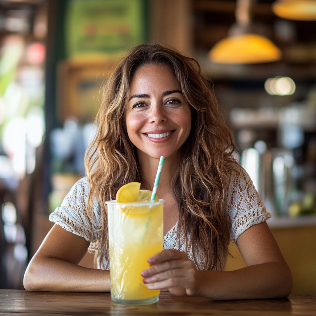 Smiling woman holding a lemon drink in a cozy café setting.