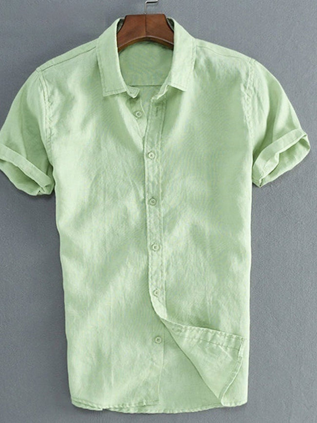 Men's Linen Cotton Solid Color Short-Sleeved Casual Shirt