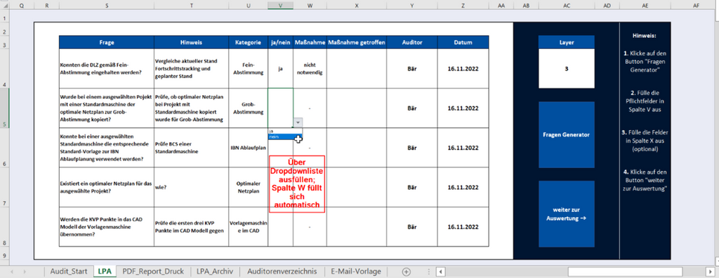 Layered Process Audit LPA Fragen Excel-Tool