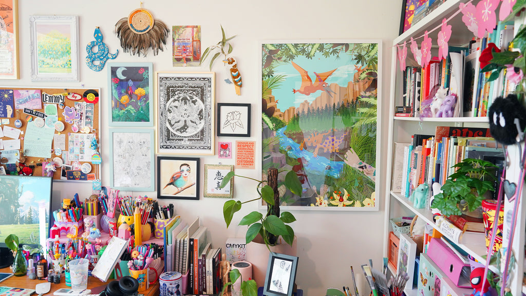 The maximalist art studio of designer Emma Sjaan Beukers, filled with books, trinkets, wall art and stationery