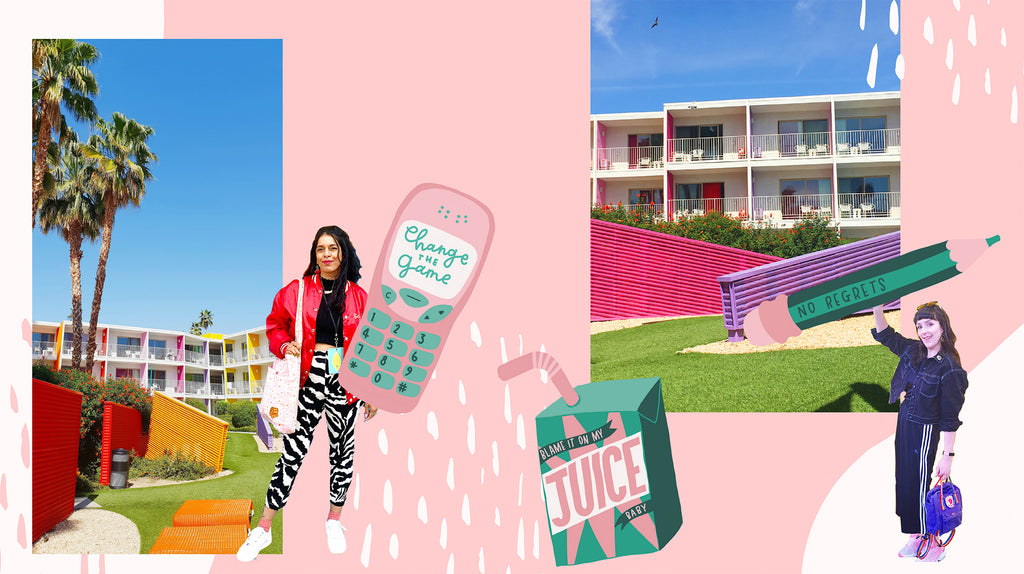 A colourful digital image with photos of the Saguaro Hotel in Palm Springs and Nikki and Kit, two designers. The image also shows digital mock ups of fun and playful shapes.