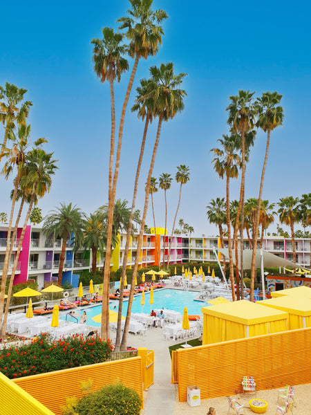 A photo of the Saguaro Hotel in Palm Springs, a colourful rainbow hotel with tall palm trees against a clear blue sky