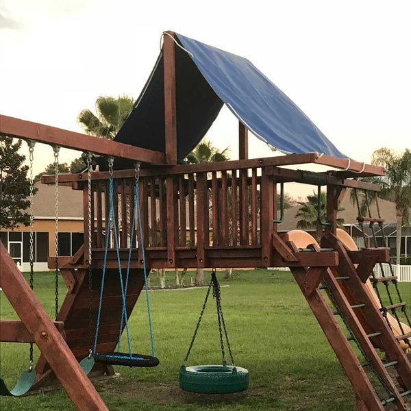 18 oz blue vinyl tarp used as a canopy for a playground. Customer claims it survived a hurricane in Florida.