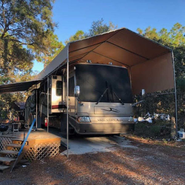 18 oz Tan Vinyl Tarp used as a canopy to cover a tour bus