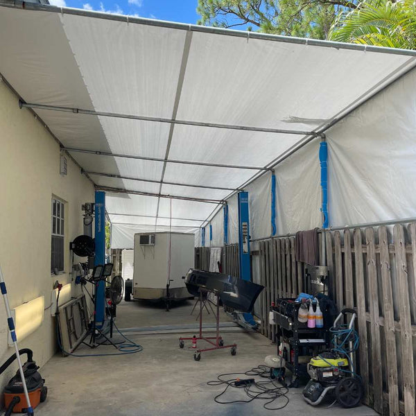 10 mil white poly used a canopy to cover patio from sun and weather elements