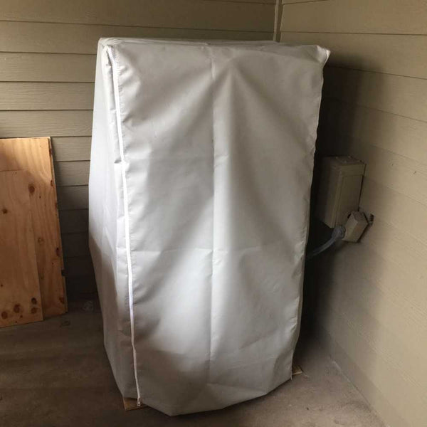 custom 18oz white vinyl cover used to cover an outside dryer