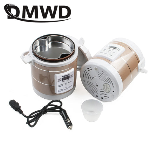 DMWD Electric Mini Rice Cooker Car Use Household Eggs Food Steamer Soup  Porridge Cooking Machine Heating Lunch Box 1.6L 12V 24V