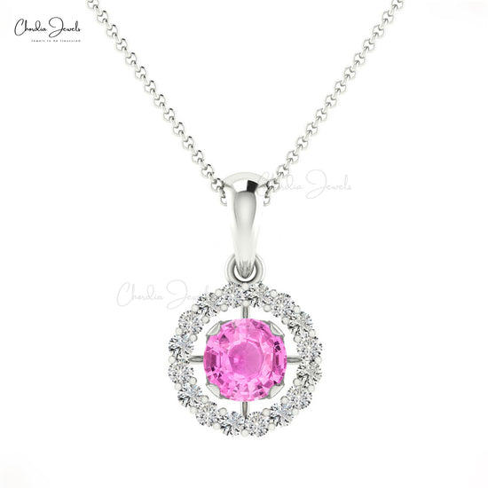 Authentic Pink Sapphire Pendant with White Diamond in 14k Pure Gold