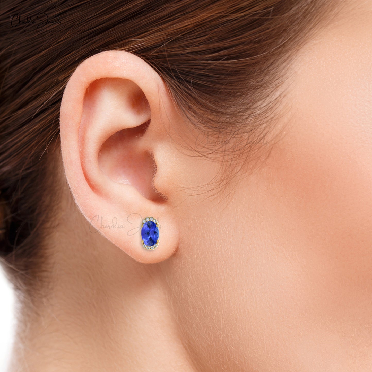 Load image into Gallery viewer, Elegant Tanzanite &amp;amp; White Diamond Half Halo Stud Earrings in 14K Gold for Women
