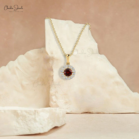 January Birthstone Genuine Round Rhodolite Garnet & Diamond Halo Neckl