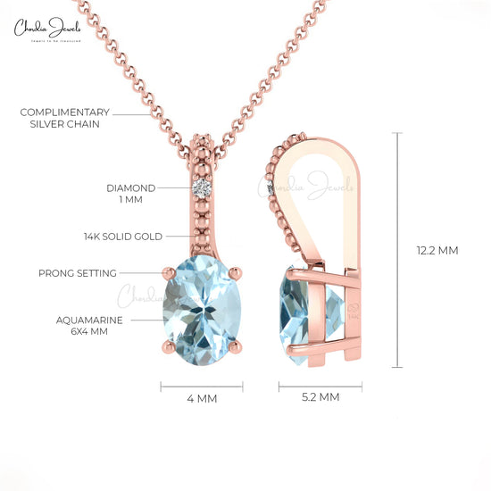 Natural Aquamarine Pendant, 14k Solid Rose Gold Diamond Halo Pendant,