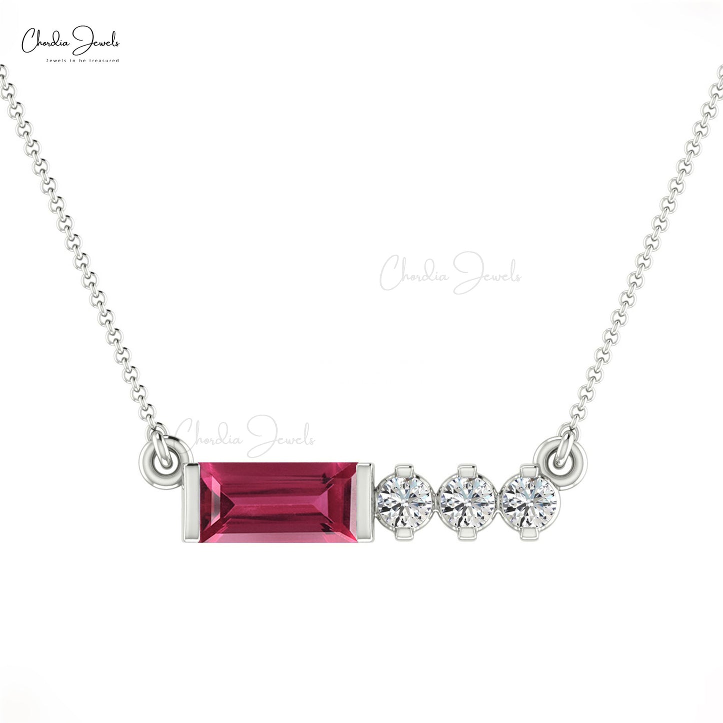 Natural 5mm Pink Tourmaline Diamond Birthstone Necklace in 14k Gold