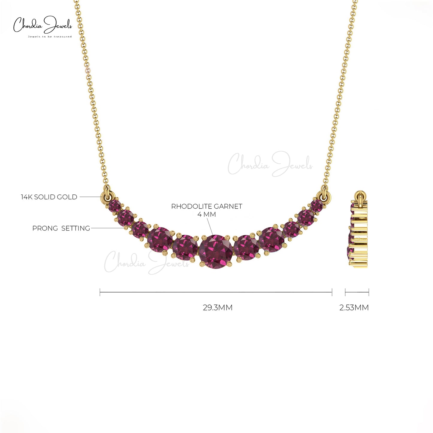 Natural Rhodolite Garnet Necklace, 14k Solid Gold Diamond Necklace, 5m