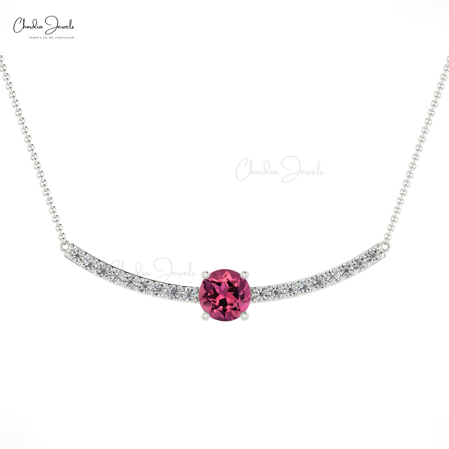 Natural 5mm Pink Tourmaline Diamond Birthstone Necklace in 14k Gold