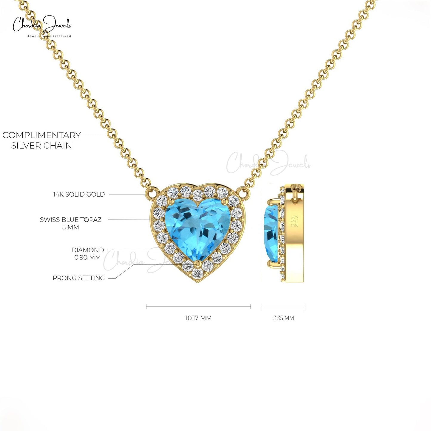 14k Solid Gold Diamond Necklace, Natural Swiss Blue Topaz Necklace, 15