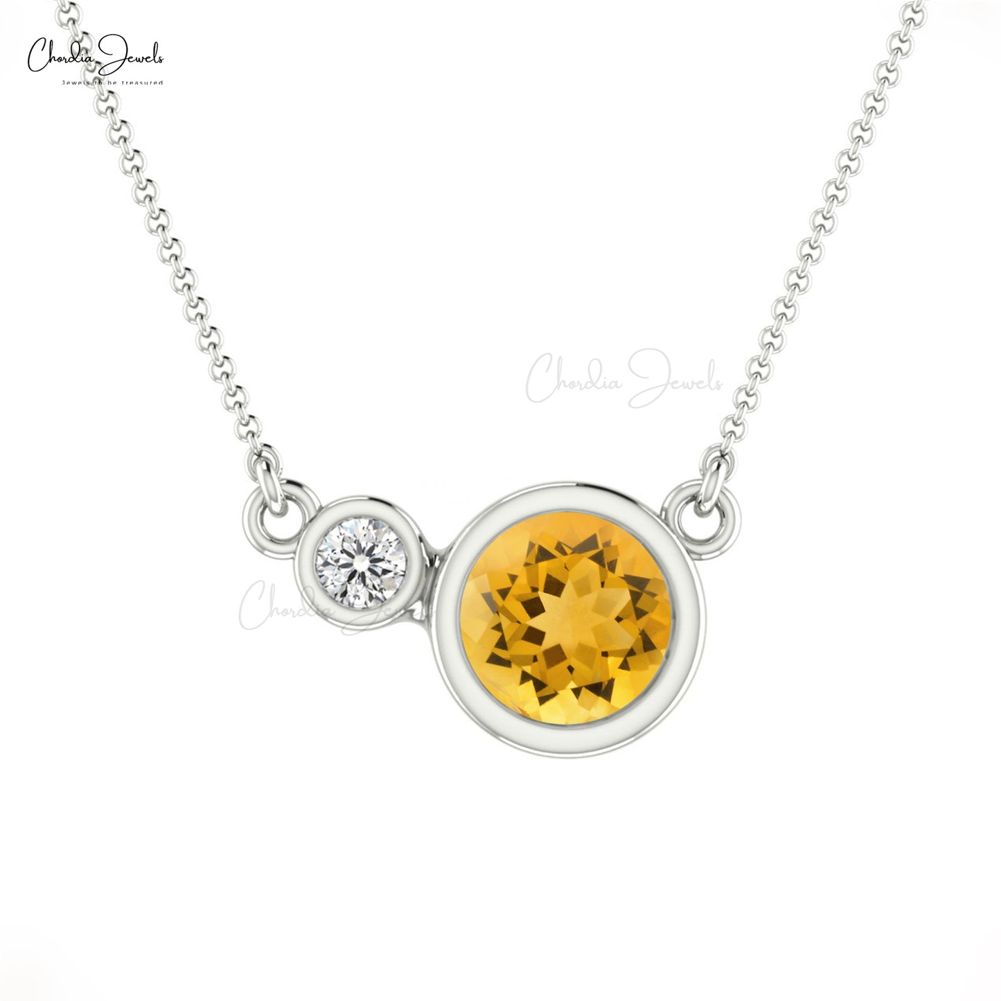 Natural Citrine Necklace, 3mm Round Gemstone Heart Shape Necklace, 14k