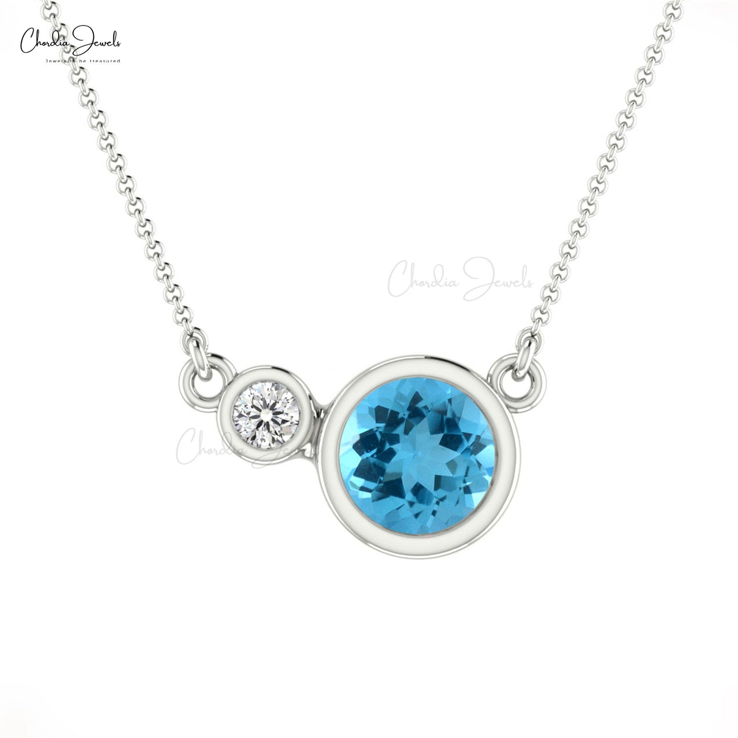 14k Solid Gold Diamond Necklace, Natural Swiss Blue Topaz Necklace, 15