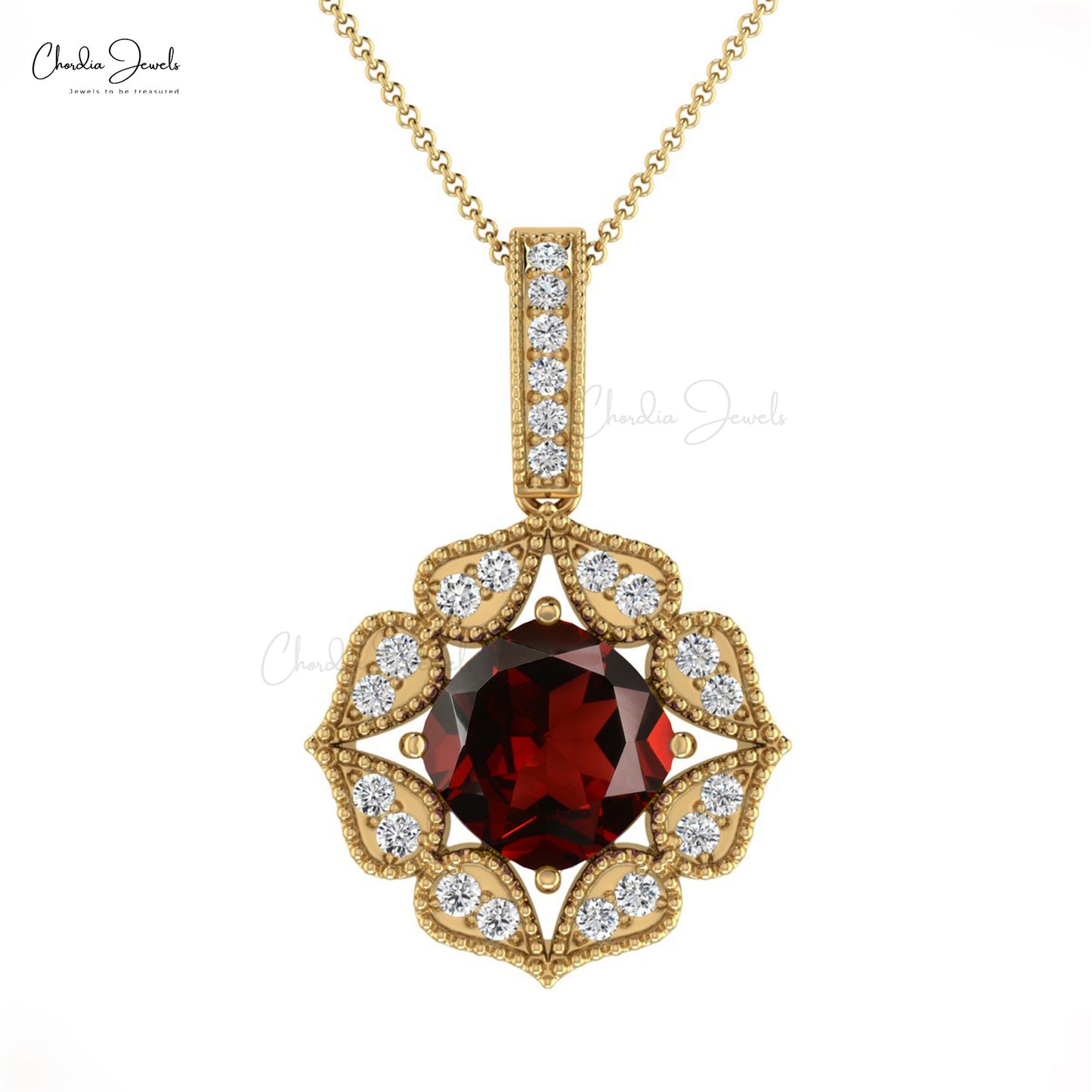 Natural White Diamond and Red Garnet Pendant For Women 14k Pure Gold