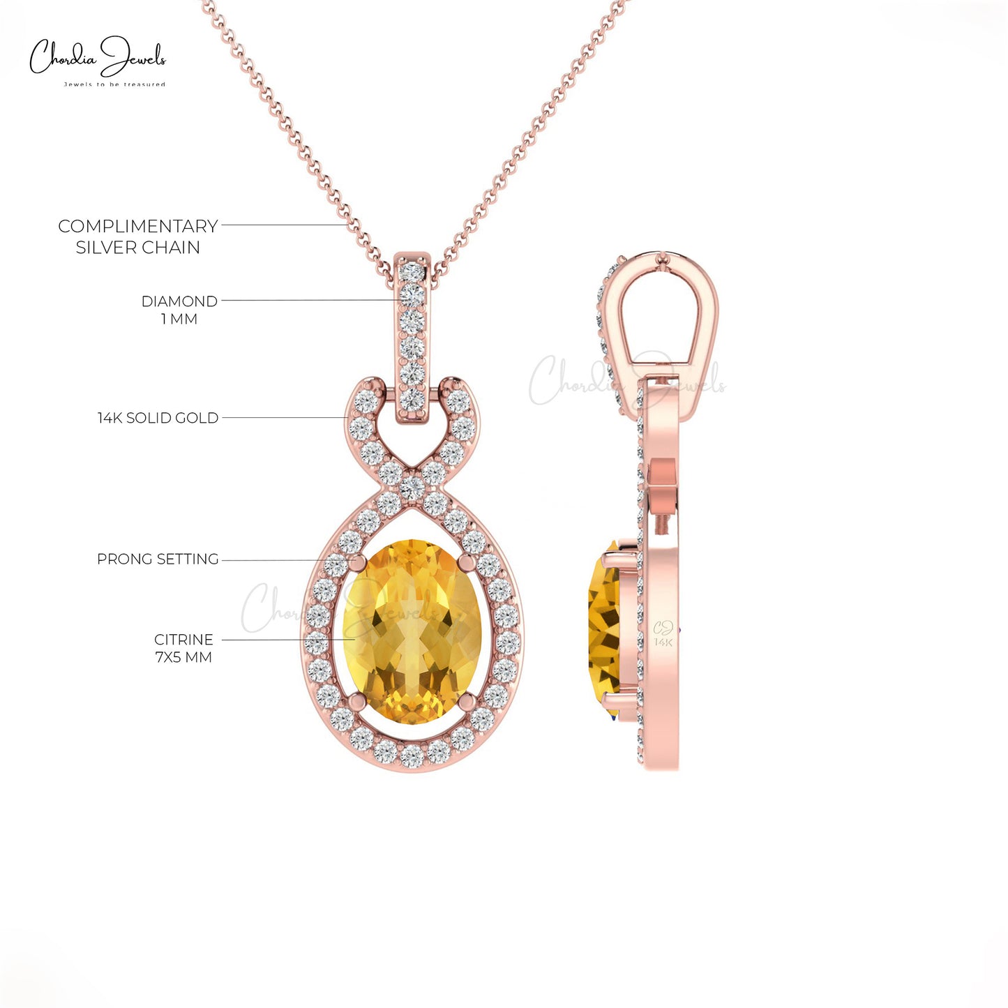 Buy 7x5mm Citrine Half Halo Pendant in 14k Real Gold | Chordia Jewels