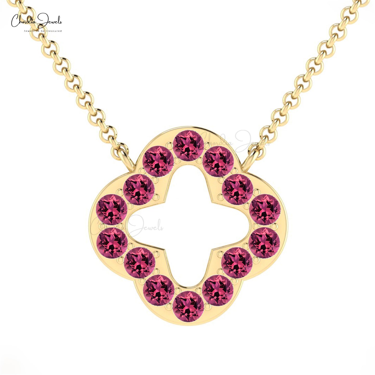 Natural 5mm Pink Tourmaline Diamond Birthstone Necklace in 14k Gold