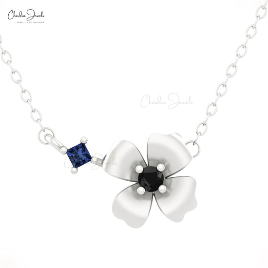 Natural Diamond and Blue Sapphire Floral Necklace in 14K Solid Gold