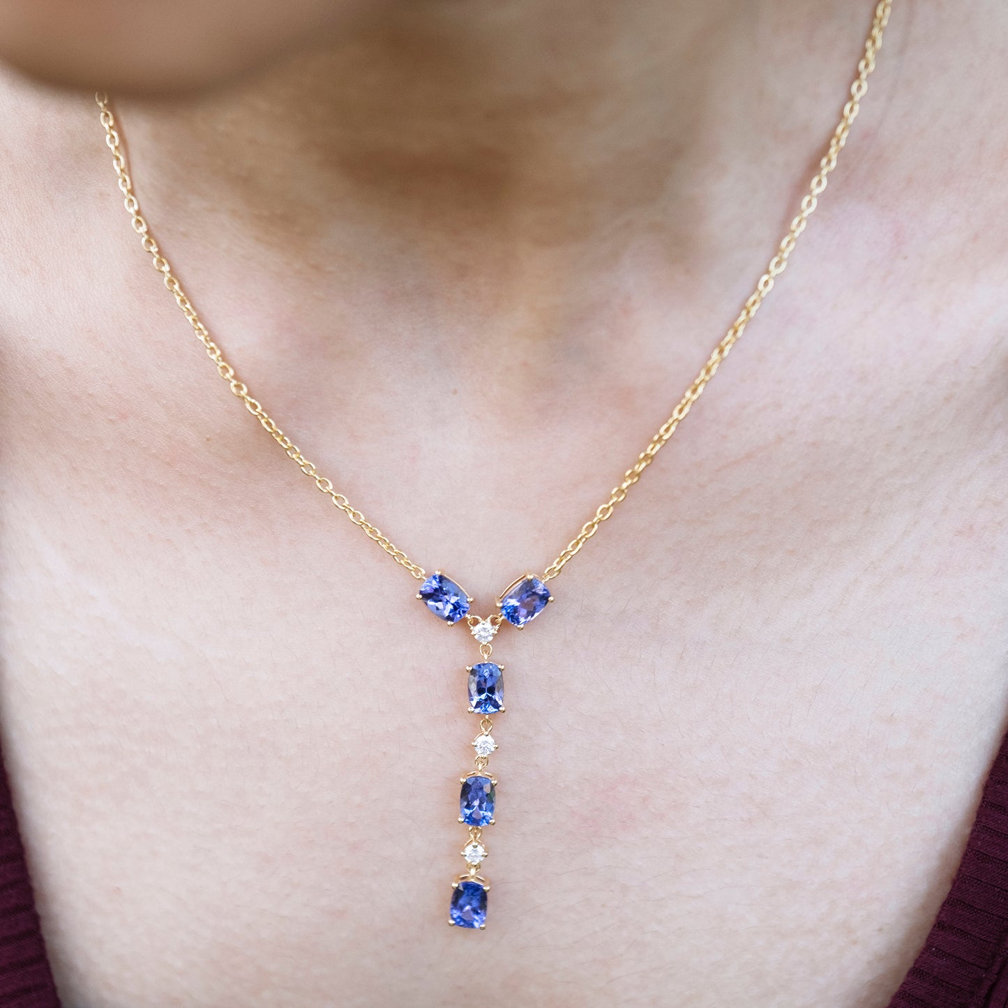 Genuine Three Stone Aquamarine and Tanzanite Necklace |Chordia jewels